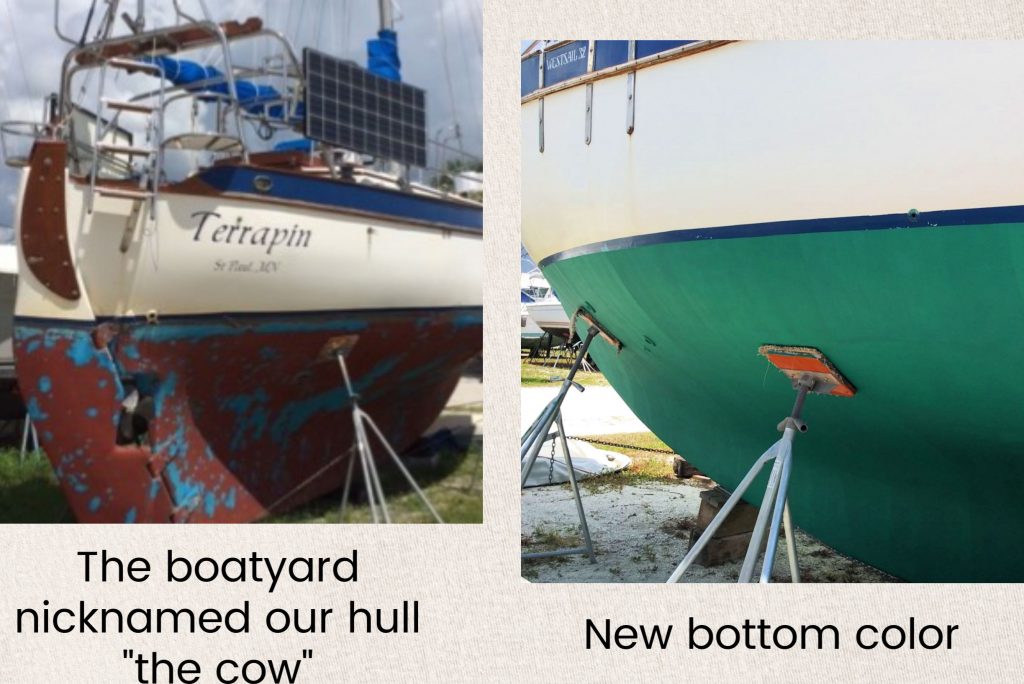 old and new bottom paint on westsail 32 Terrapin hull
