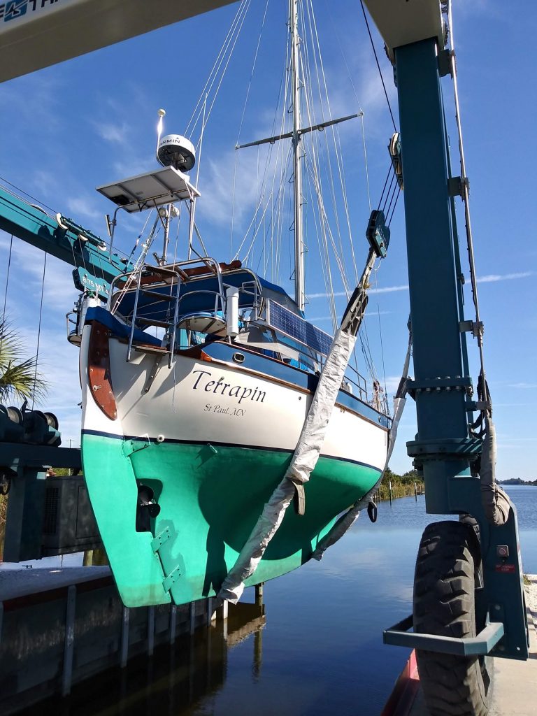 launch of sailboat Terrapin at Safe Cove Boat Yard