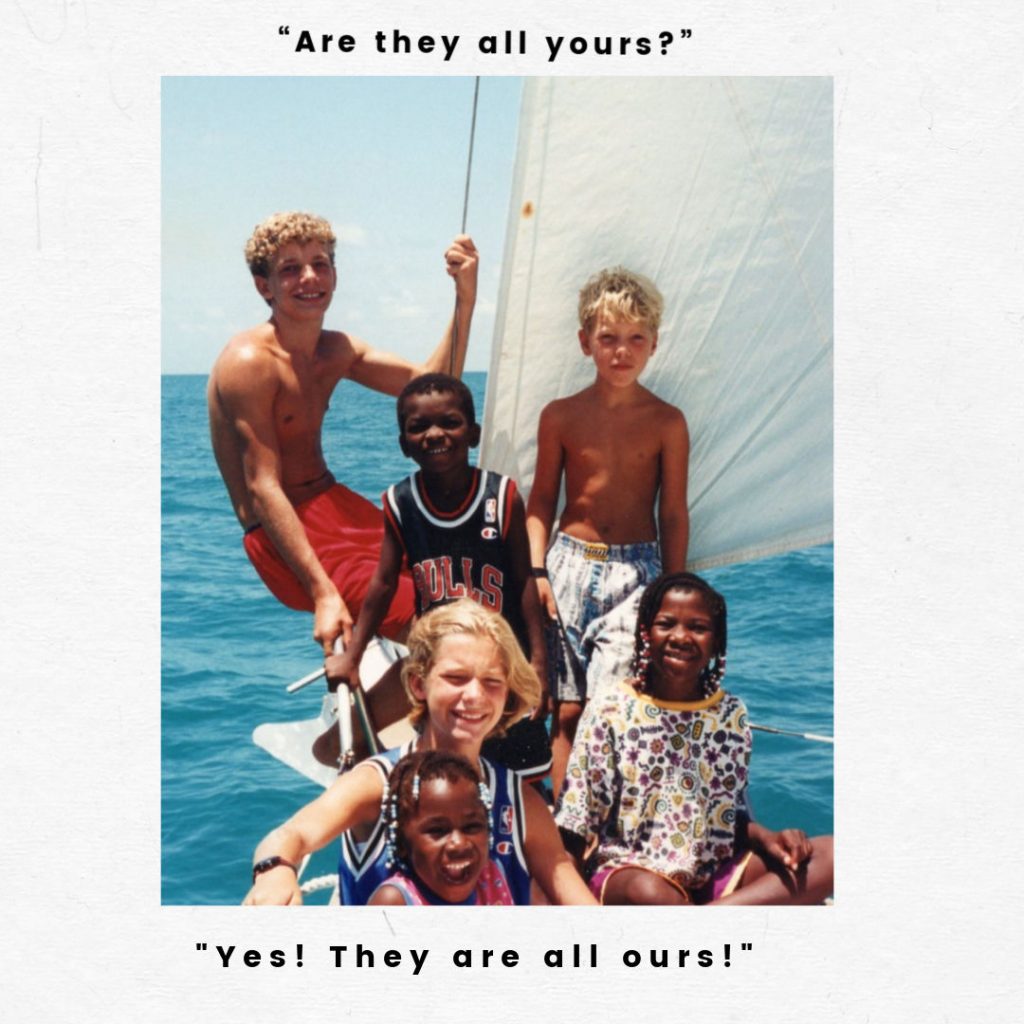 our 6 children on bow of boat, are they all yours? question about large family, adopted children 