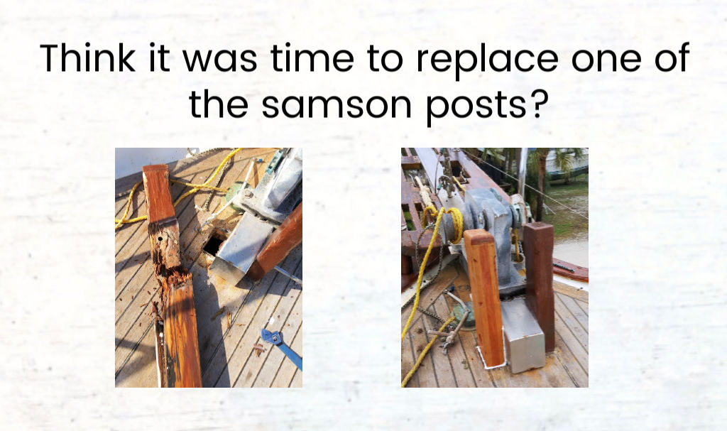 old and new port side samson post on sailboat bow 