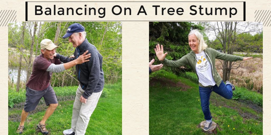 playing on tree stump on walk to mailbox