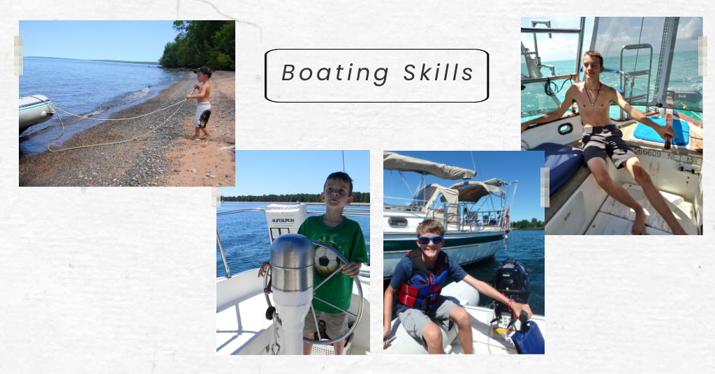 boating skills, at helm and driving dinghy
