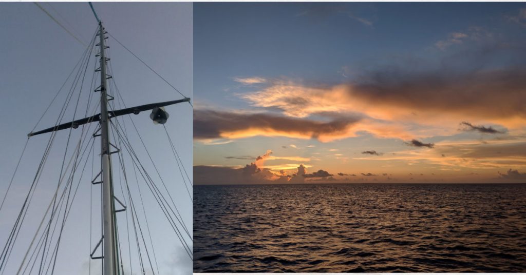 sailing landscapes, look up the mast, cloudy sky sunset 