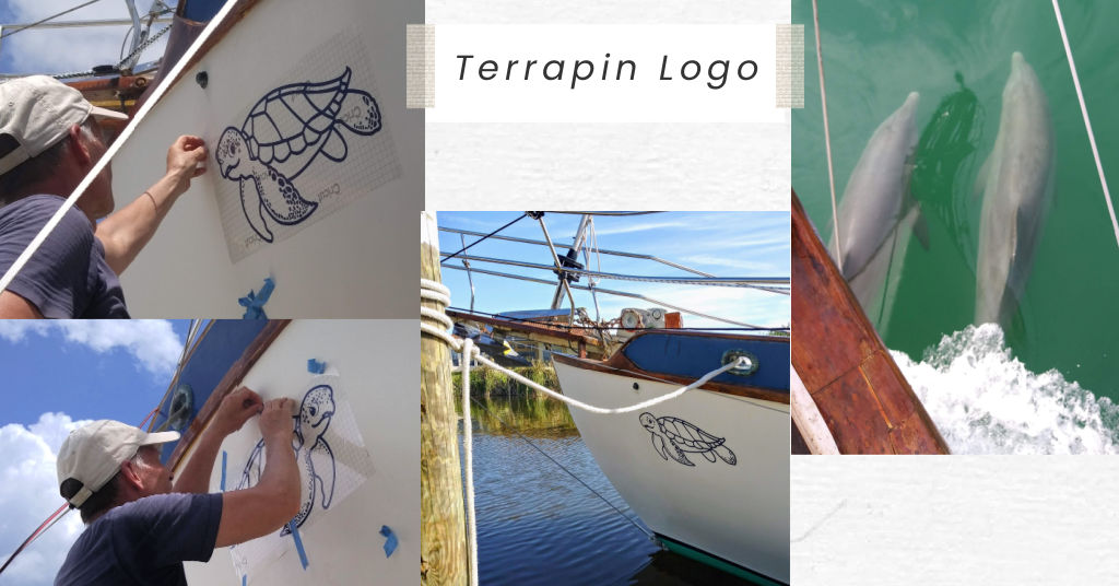 terrapin logo on boat, dolphins swimming along bow