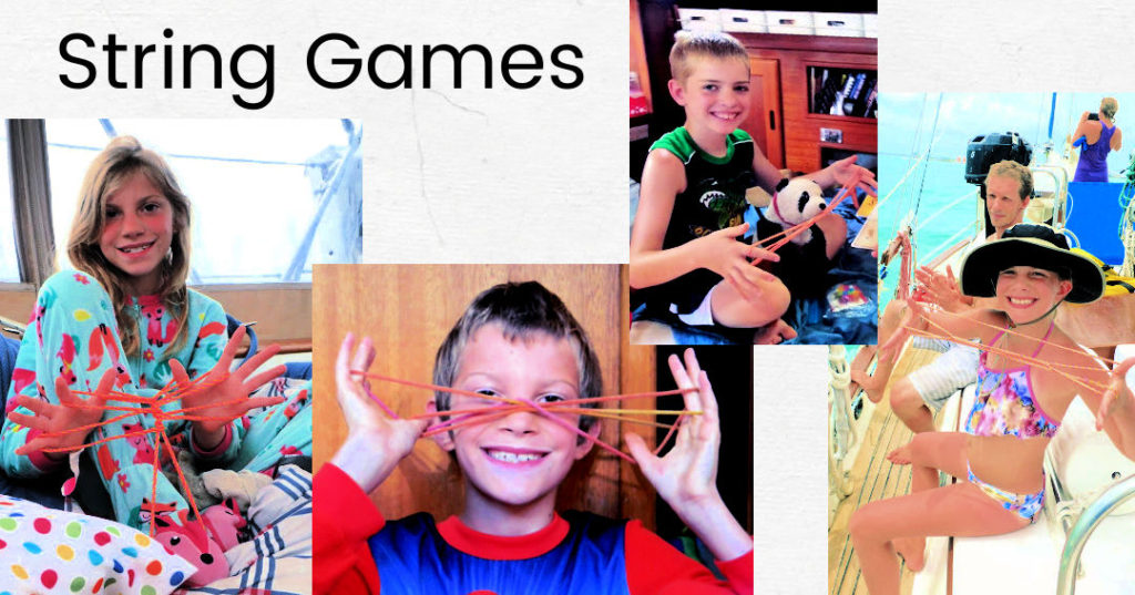 collage of grandchildren playing string games on our sailboat 