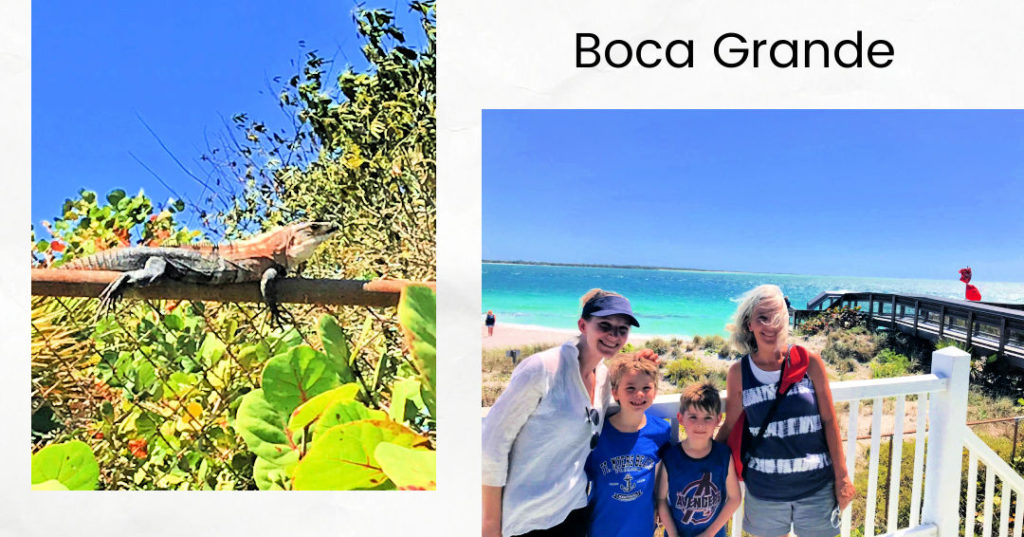 Boca Grande iguana and grandma, mom, boys visit to lighthouse 