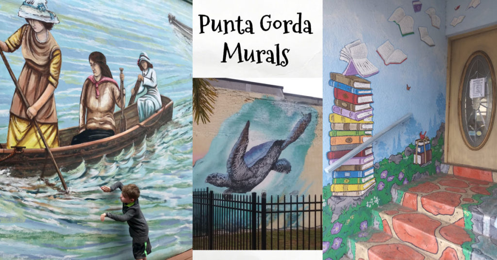 murals in Punta Gorda, FL; books stacked by library, swimming turtle, row boat in water with grandson swimming