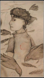 drawing by granddaughter of the side profile of man with birds 
