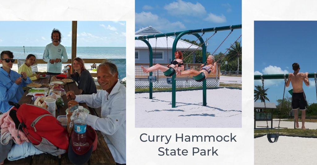 collage of pictures from day at state park, family at picnic table, girls swinging, grandson doing pullup
