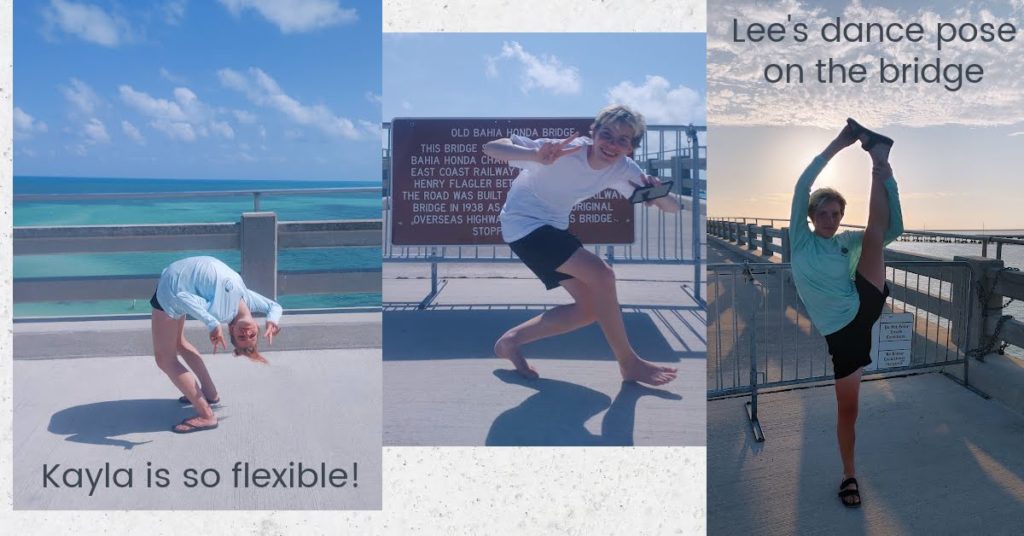 collage of granddaughter's dance moves on bahia bridge 
