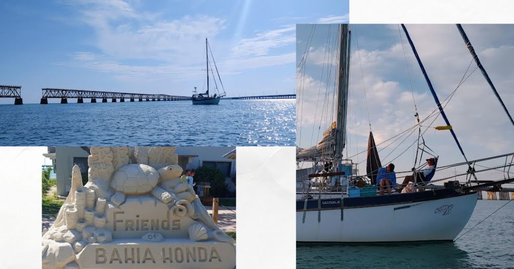 collage of pictures with a view of sailboat Terrapin from top of bahia honda bridge and a close up of sailboat in the water, and a sand sculpture by friends of bahia honda 