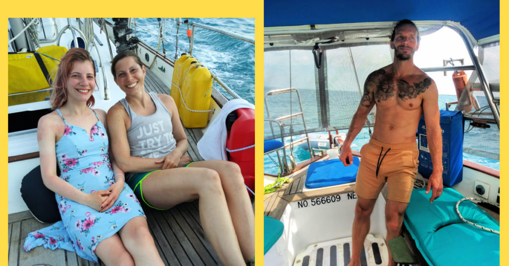 our adult son luke at tiller with his daughter and wife enjoying the sail sitting up on the bow
