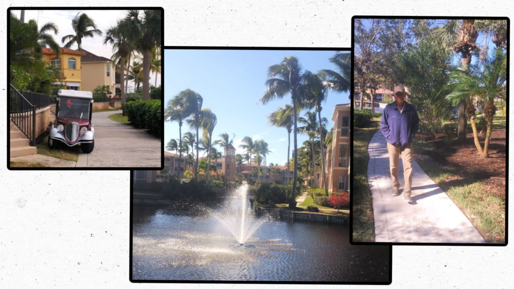 collage of Burnt Store Grounds including fountain, sidewalks, man walking on sidewalk, golf cart looking like an old classic car
