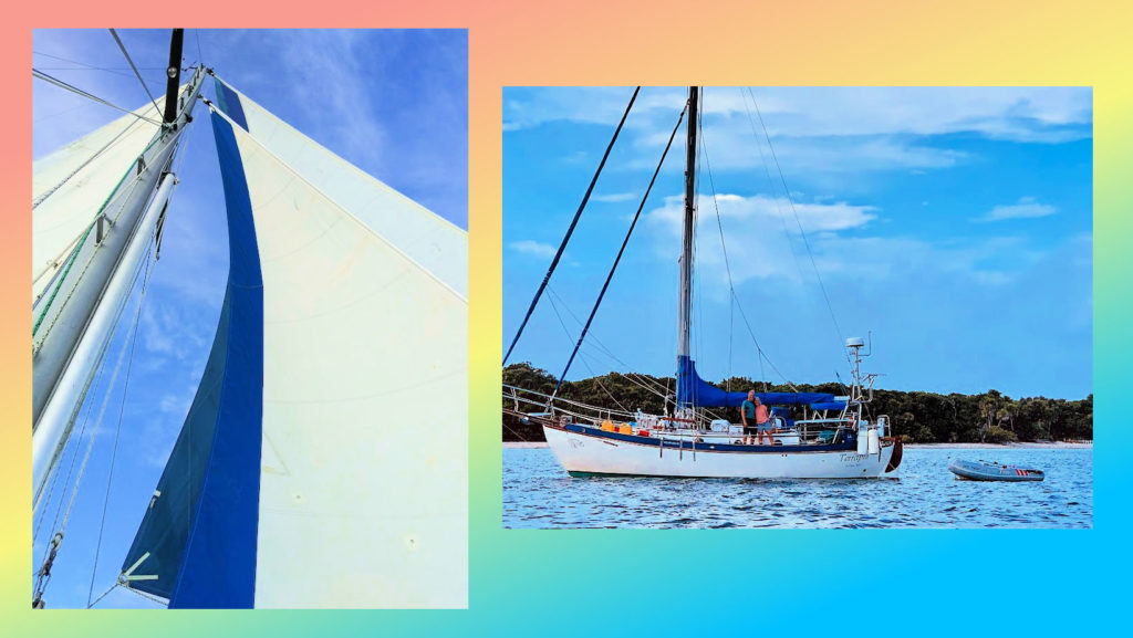 collage of sailboat sails against blue sky and couple on deck of westsail 32 on the days preceeding the storm 
