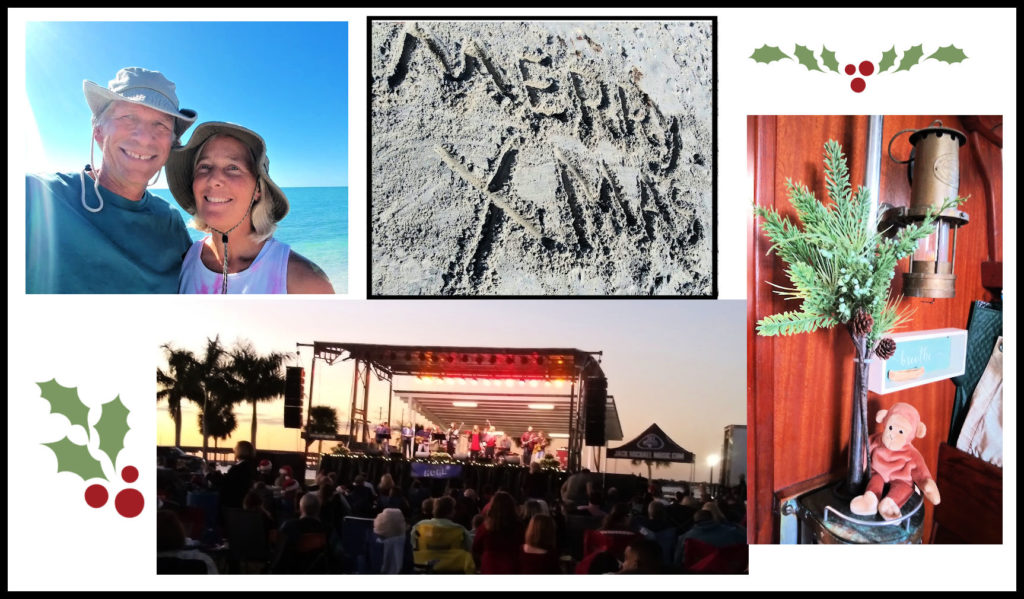 collage of pics about Christmas, at the beach, outdoor church service, in punta gorda, Christmas branch on sailboat 