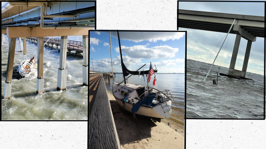 pictures of two sunken sailboats near bridge and one sailboat ashore by bridge after the winter solstice storm punta gorda 