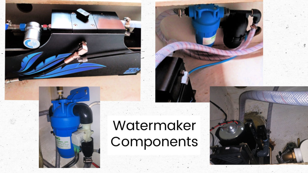 collage of watermaker components installed in sailboat lockers
