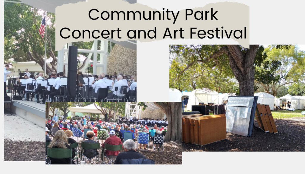naples community park with band playing, concert goers and setup for an art festival
