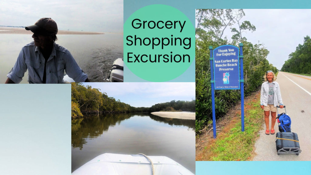 pics from grocery shopping excursion in dinghy over sandbar and through creek then walk with 2 wheeler
