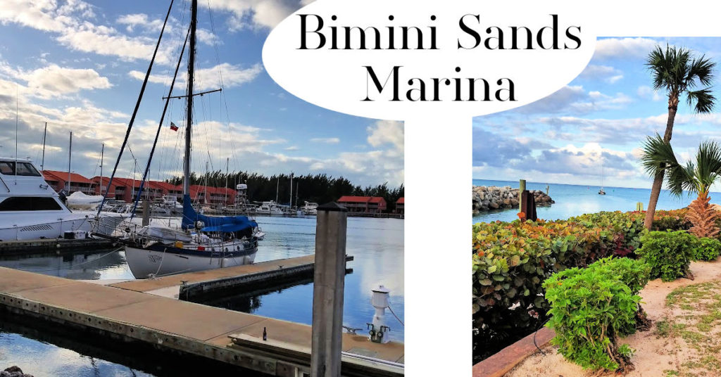 sailboat at dock at Bimini Sands Marina and photo of entrance channel to the marina basin