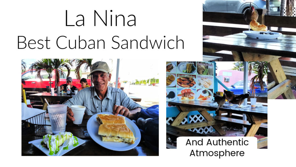 collage of pictures from La Nina restaurant, Tony with cuban sandwich, chickens on picnic table eating leftovers