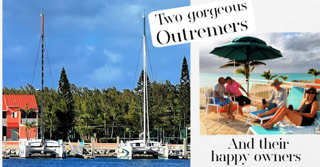 two outremer catamarans next to one another and picture of their owners enjoying the marina pool 