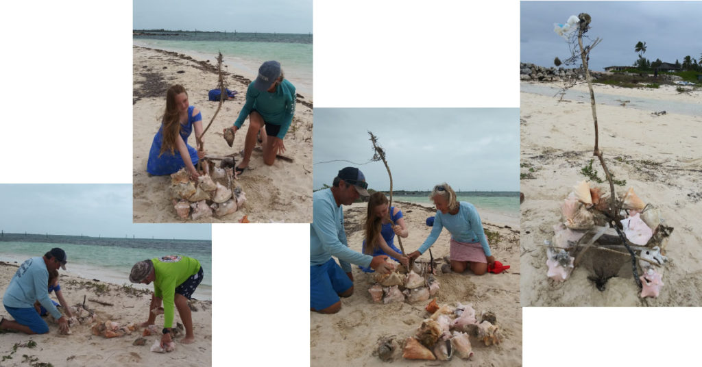 collage of boaters working together to make a conch castle on a bimini beach

