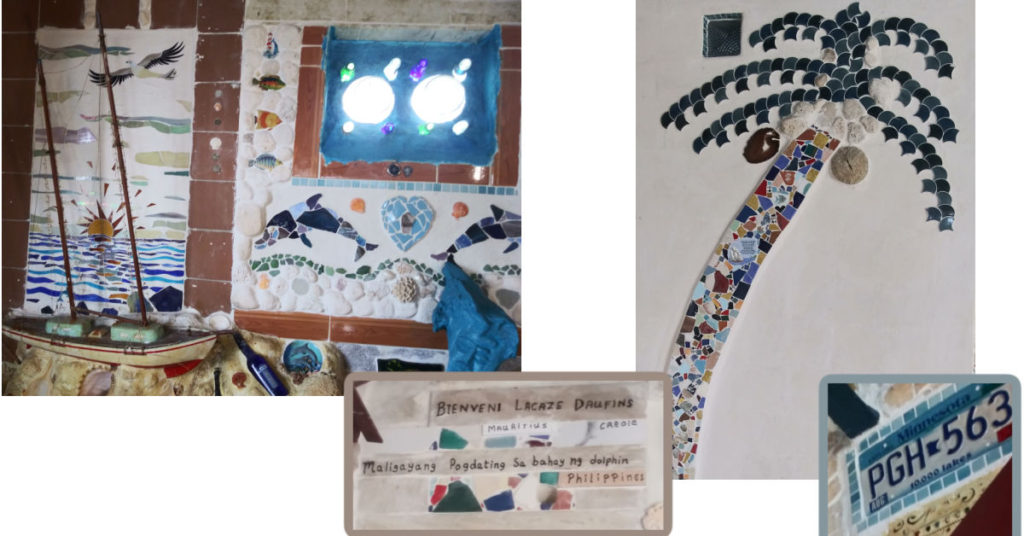 collage of pics from The Dolphin House; nautical mosaic art, MN license plate, phrase in different languages
