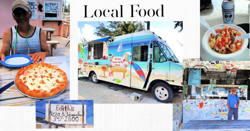 local Bimini food; conch salad, pizza at Ediths, food truck on side of street