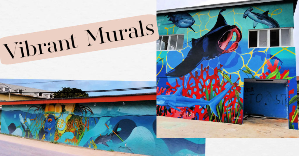two vibrant murals of ocean life on Bimini building walls 