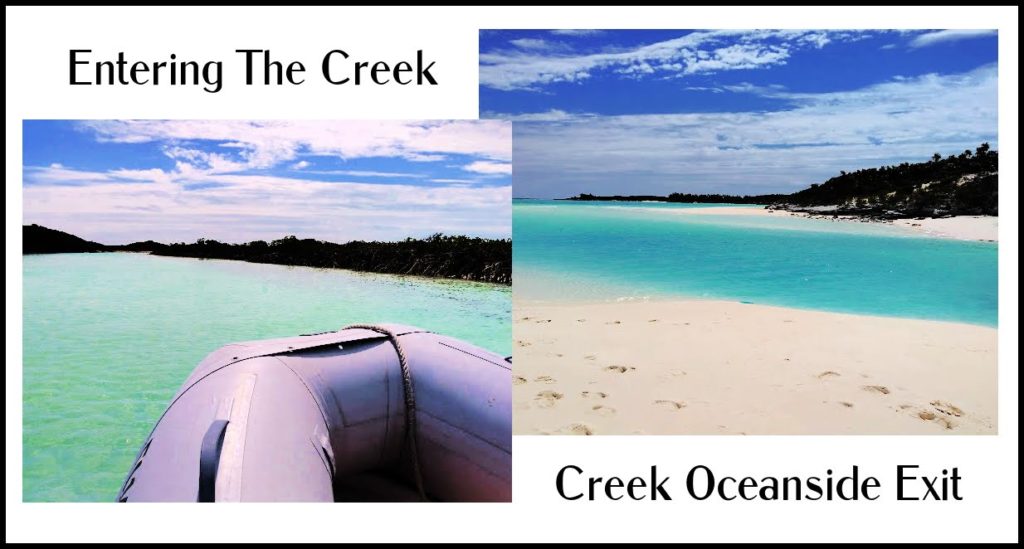 dinghy entering the creek and the exit on the other side of Shroud Cay