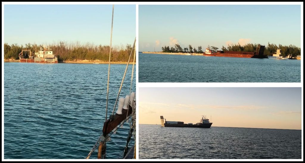 collage of commercial boat activity in Morgan's Bluff anchorage