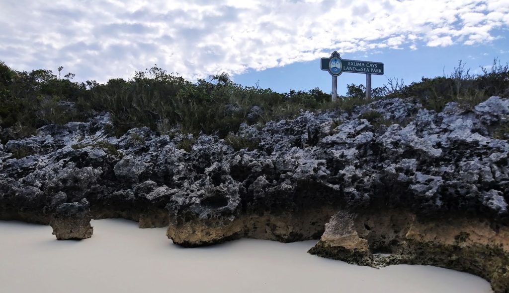 beach and rocky shore of Shroud Cay in the Exuma land and sea park
