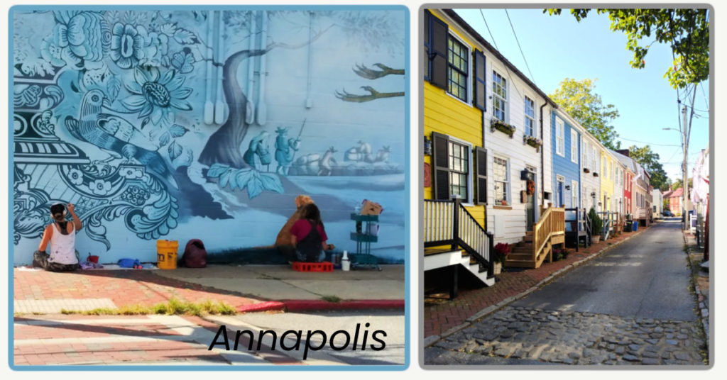 annapolis mural being painted and annapolis cobblestone street with colorful buildings 
