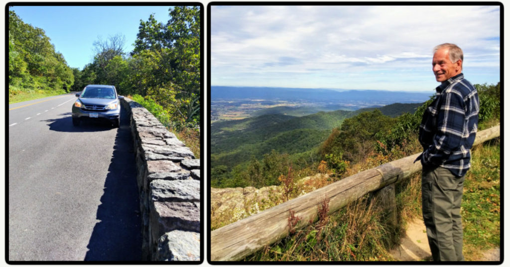 car pulled over on a scenic overlook and Tony standing near a scenic overlook on Skyline Drive, Shenandoah National park 