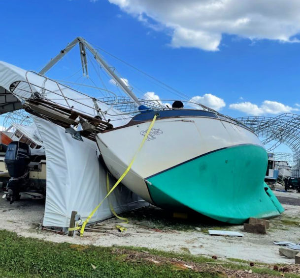 westsail 32 Terrapin on her side damaged from hurricane Ian 