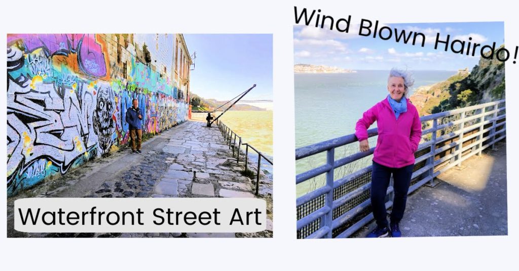 Street art by river Tagus in Cacilhas, Portugal.  Picture of woman’s wind blown hair while standing overlooking river on a windy day