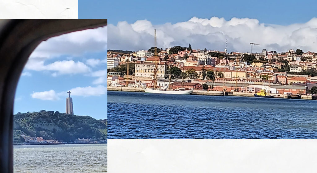 View from ferry across river in Lisbon.  View of cross near Cacilhas and view of Lisbon buildings.