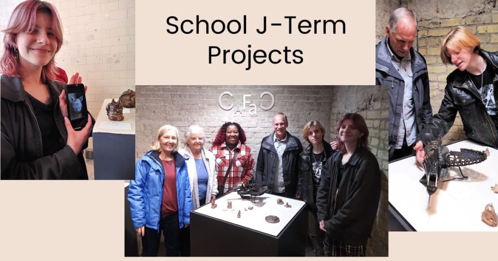 family members attending grandchildren's projects exhibit from J Term metal and clay work