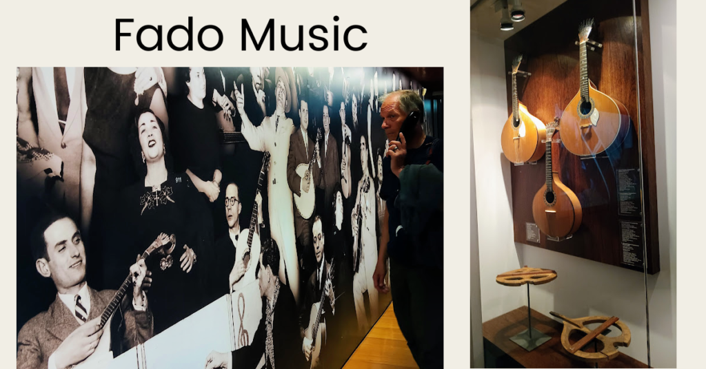 Fado museum displays of musicians and instruments, man holding microphone to listen to music selections
