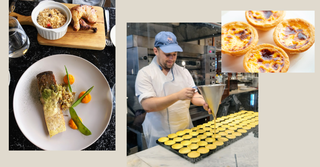 Food at a local restaurant in Lisbon and tarts and chef making tarts 