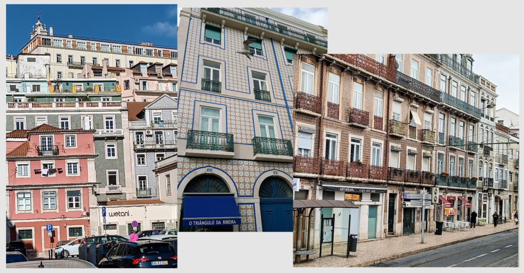 Collage of tiled front buildings in Lisbon, Portugal 