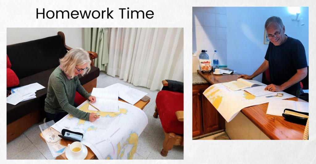 man and woman working on navigation homework in their apart hotel in San Sebastian, La Gomera 
