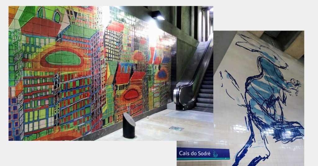 Lisbon metro tile art, abstract colorful scene and a blue rabbit