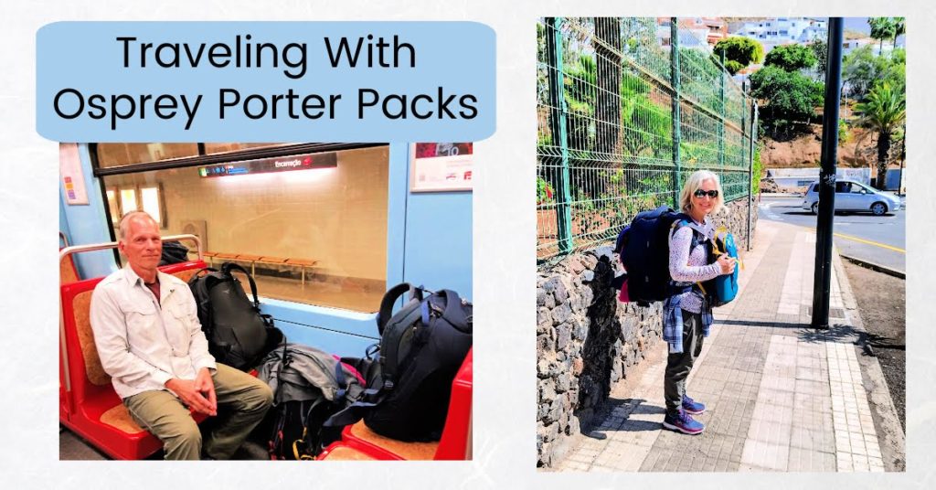 Man and woman with their osprey porter packs for traveling, woman carrying packs on back and front, man on metro with packs on seats
