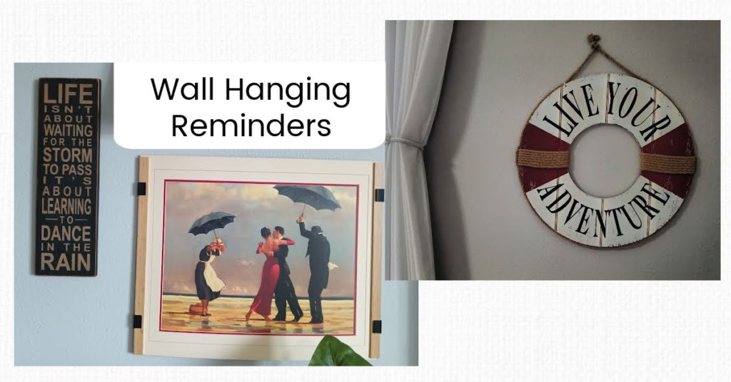 wall hangings with sayings on them "Live your adventure" and "life isn't about waiting for the storm to pass it's about learning to dance in the rain", picture of couple dancing in the rain 