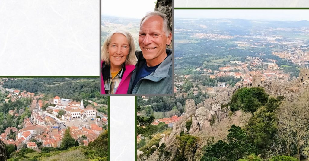 View from top of Moorish Castle in Sintra, selfie of couple from castle lookout
