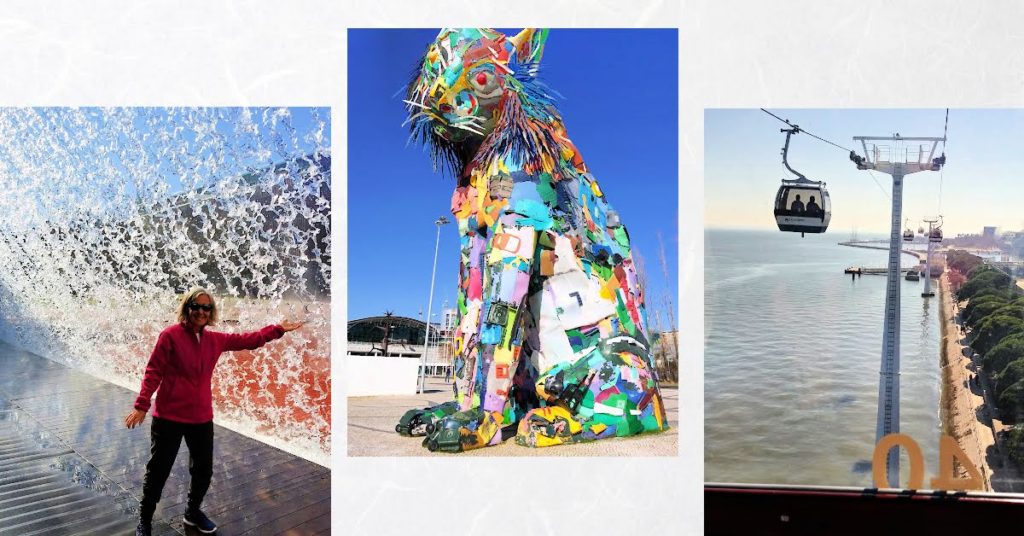 Collage of pics from Lisbon, cable car over river, large cat sculpture, woman under waterfall
