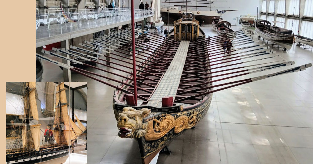 Ships in maritime museum lisbon, rowing barge with many oars and a ship model