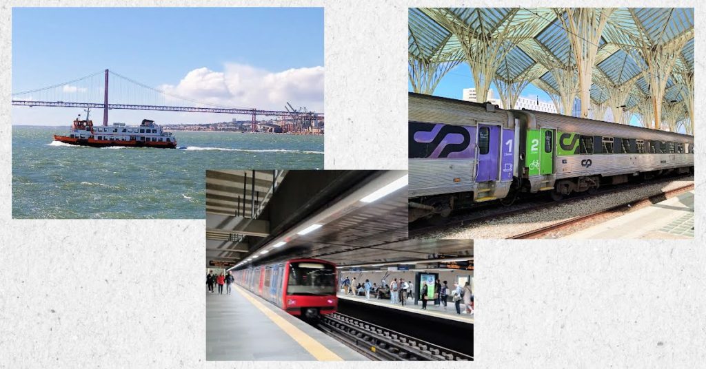 Variety of public transportation in LIsbon, ferry crossing river, metro, train 